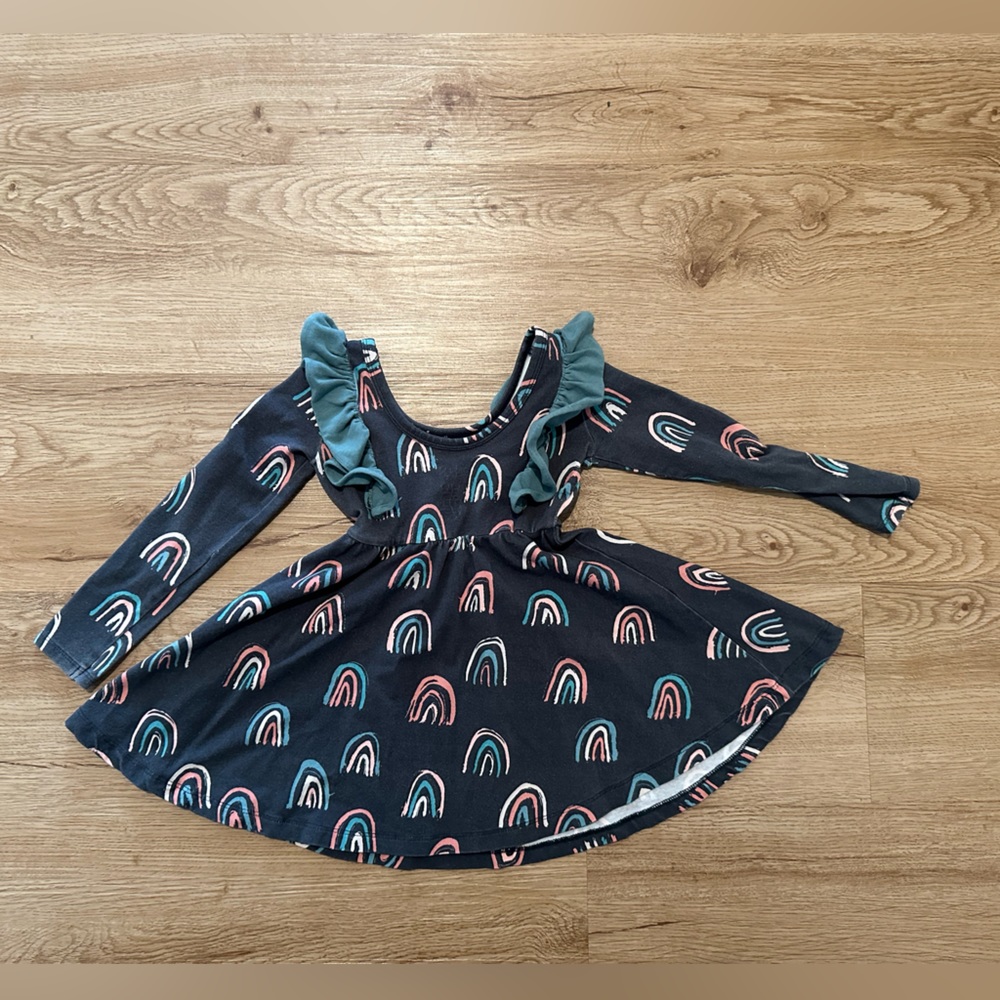 RAGS 2T, Rainbow Twirl Dress with Green Ruffles.